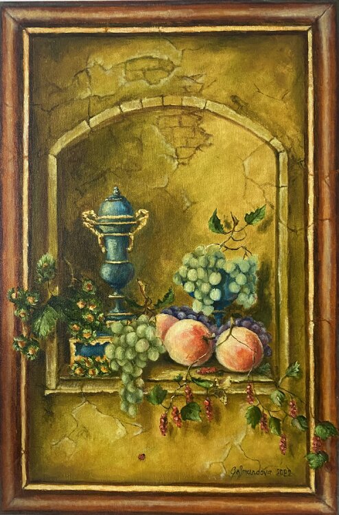 Peaches with grapes, oil painting Nadezhda Gellmundova