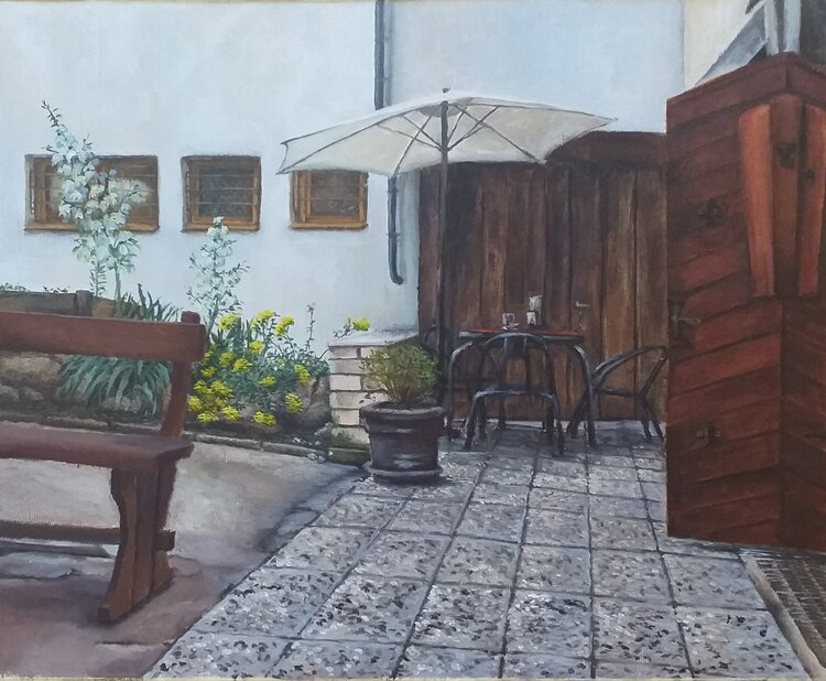 In the courtyard of the Hussite bastion, oil painting Nadezhda Gellmundova