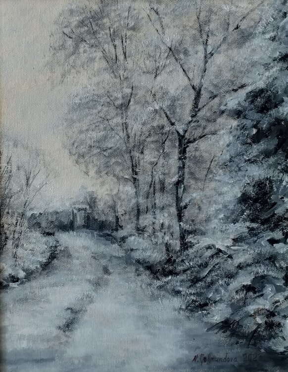 Under the snow, black and white design. Oil painting. Nadezhda Gellmundova