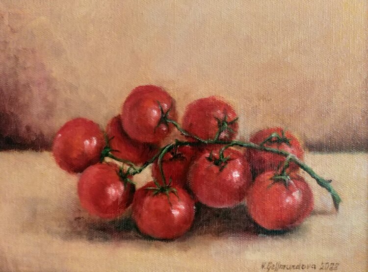 Still life with tomato, oil painting. Nadezhda Gellmundova