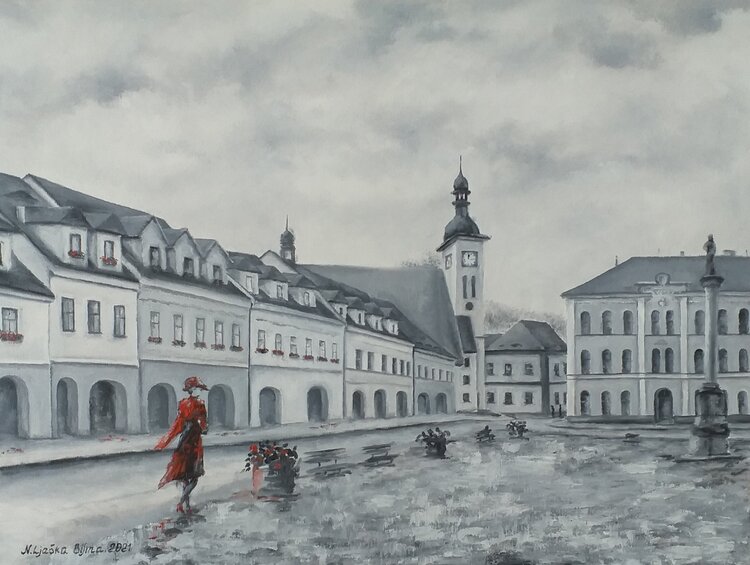 Bílina square, oil painting. Nadezhda Gellmundova