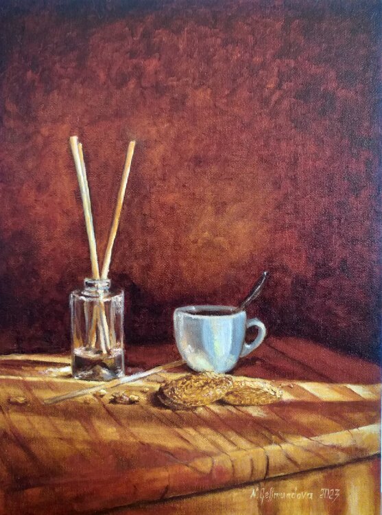Coffee with biscuits,oil painting. Nadezhda Gellmundova