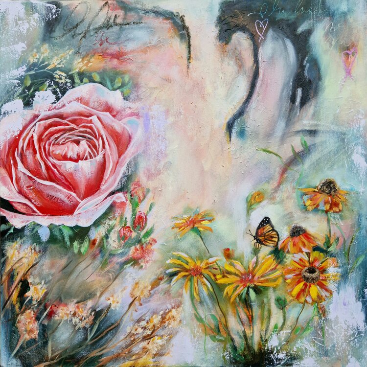 square vibrant floral oilpainting 