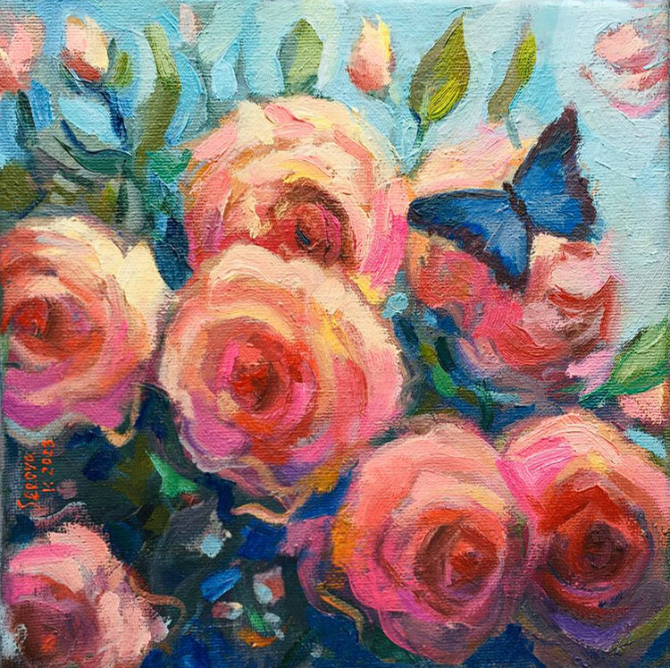Red flower Poppy Roses Garden Painting Original Small Art Square Landscape Valeriya Serova