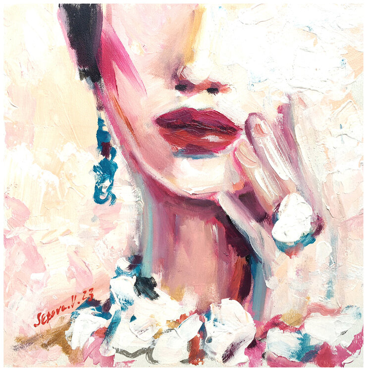 Abstract Portrait Small Painting Contemporary Woman red lips White cream Girl square Valeriya Serova