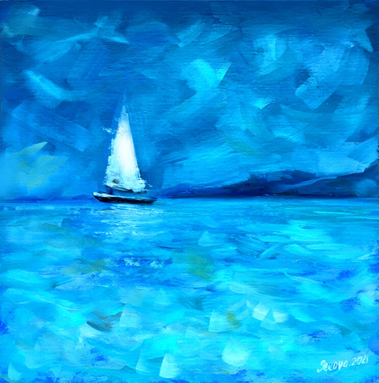Seascape Sailboat Original Oil Painting Landscape Boat Art Sail Blue Sea Valeriya Serova
