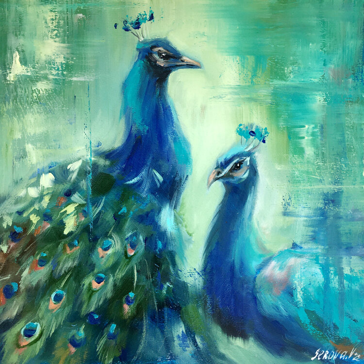 Peacock painting Art Oil Couple Bird Artwork Original Pair of birds Valeriya Serova