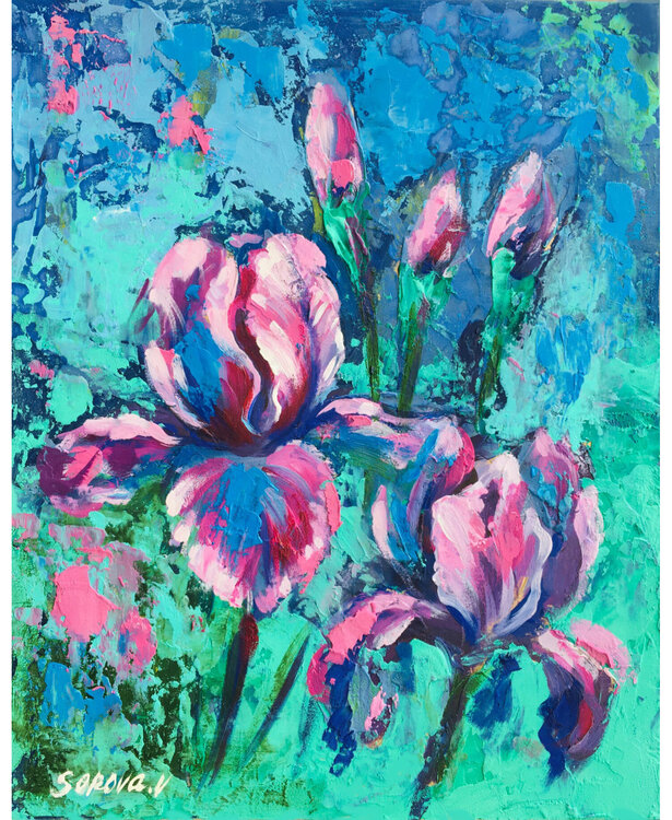 Iris Painting Flower Original Floral Small Art Artwork Oil 8X10 Iris Paintings Valeriya Serova