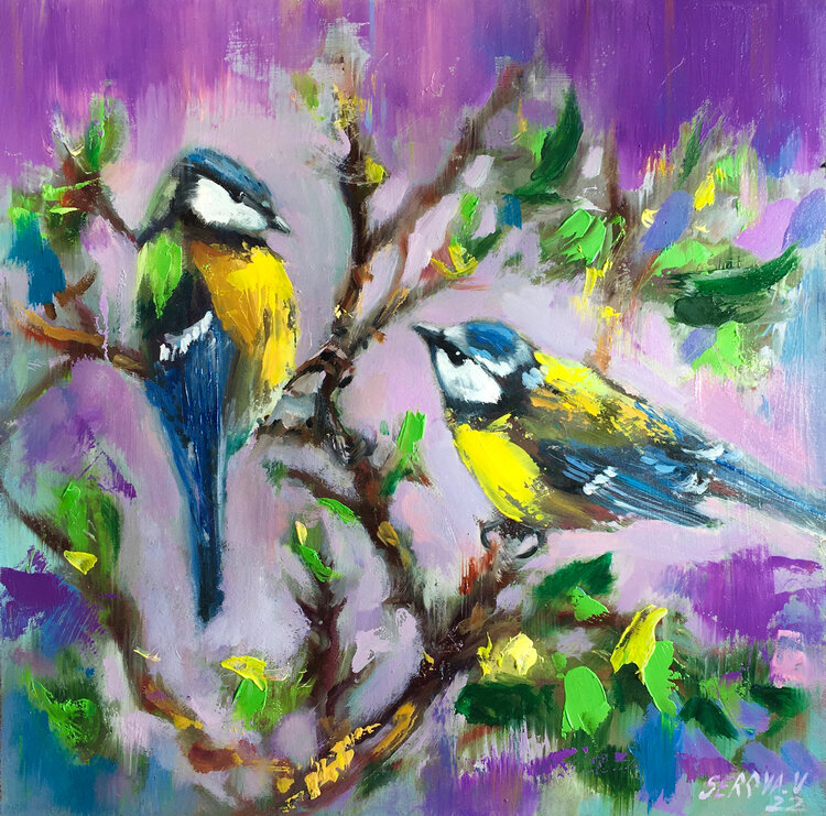 Birds Oil Painting Yellow Blue Decor Wall Art couple animals nature flower Floral Valeriya Serova