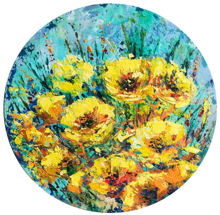 Yellow flowers Painting Round Wall Art Canvas poppy Floral original impasto 3d Valeriya Serova