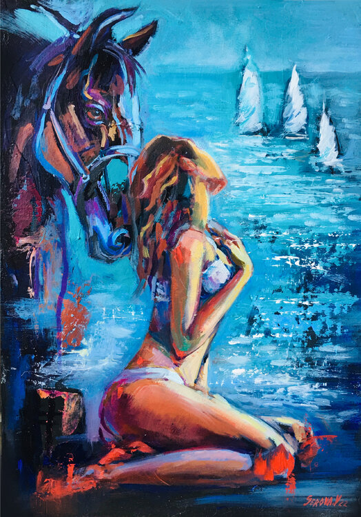Seascape Vertical Painting Horse Woman Nautical Artwork Boats Original Art Valeriya Serova