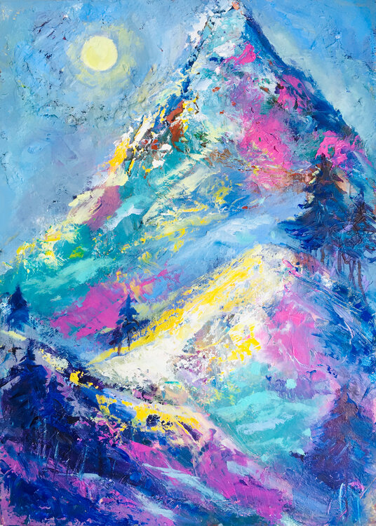 Original Mountain vertical landscape painting Oil Abstract Art moon blue mountains Valeriya Serova