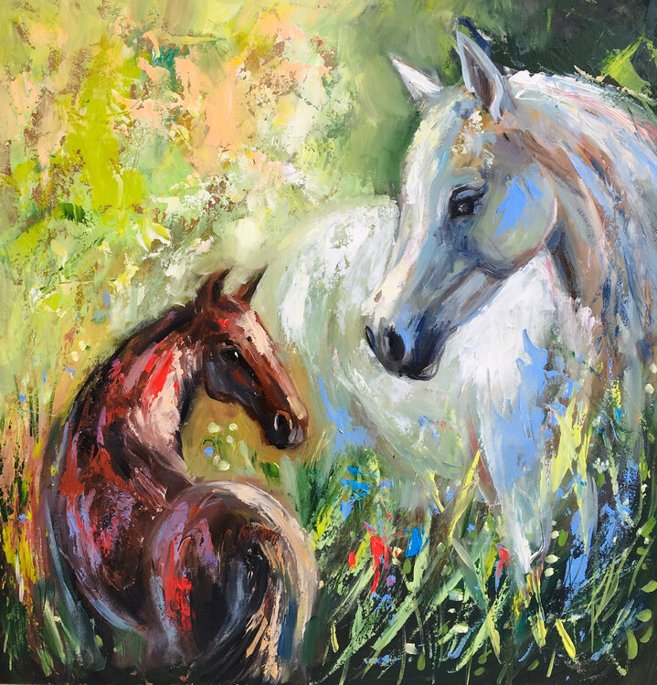 Horse original painting Horses landscape square green foal pair mother Valeriya Serova