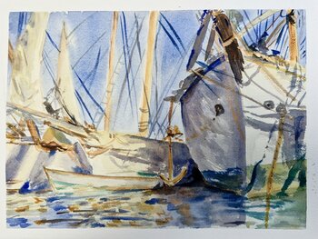 WHITE SHIPS. REPRODUCCIÓN EN ACUARELA J. SINGER SARGENT.  MARINA, BARCOS. Montse Gil