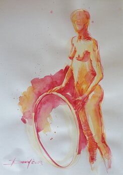 Aktzeichnung stehender Frauenakt mit Hula-Hoop-Reifen Aquarell-Zeichnung auf Papier Olga David