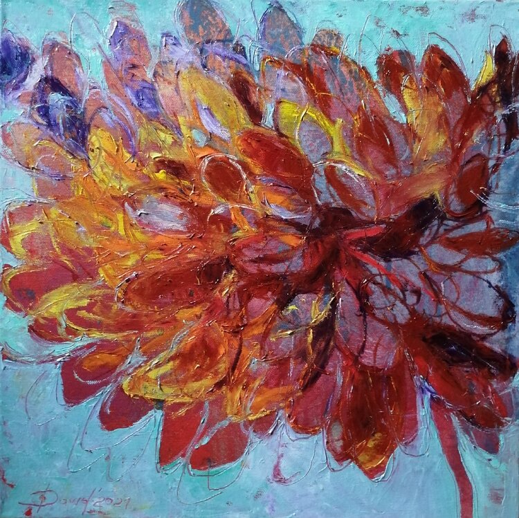 Abstraktes Blumen Gemälde rot hellblau Olga David