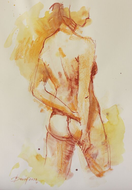 Aktstudie stehender Rückenakt Aquarell-Zeichnung auf Papier Olga David