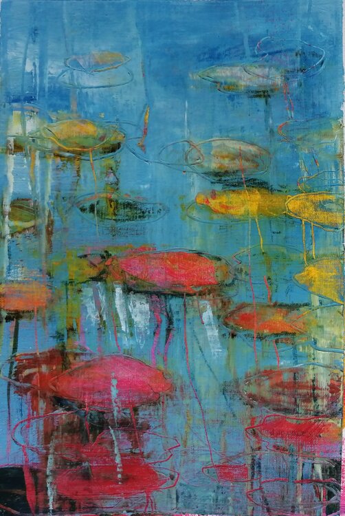 Seerosen Impressionistische figurative Zeichnung Stillleben Kleinformat Öl auf Papier Olga David