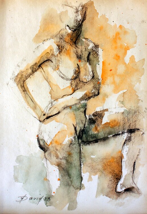 Aktstudie Frauenakt Aquarell-Zeichnung auf Papier Olga David