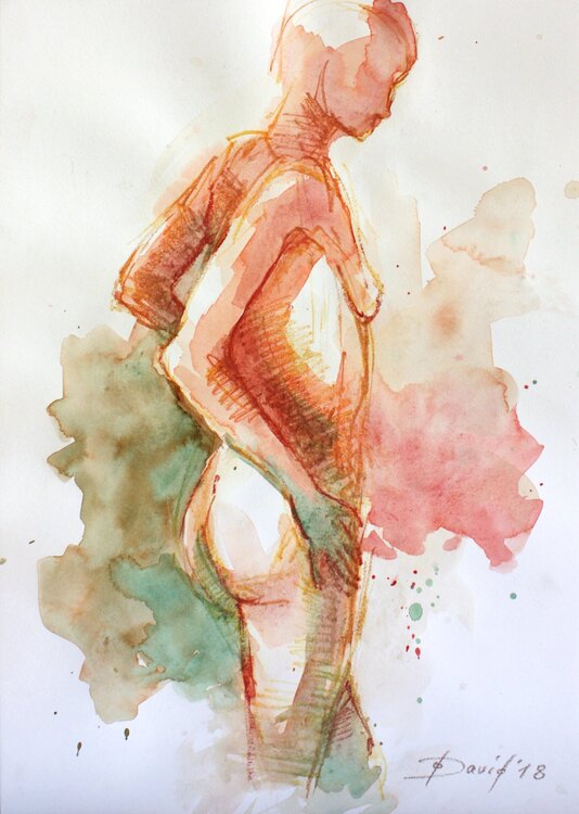 Aktstudie Frauenakt Aquarell-Zeichnung auf Papier Olga David