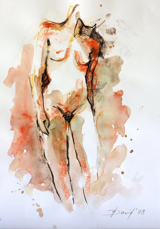 Aktstudie Frauenakt Aquarell-Zeichnung auf Papier Olga David