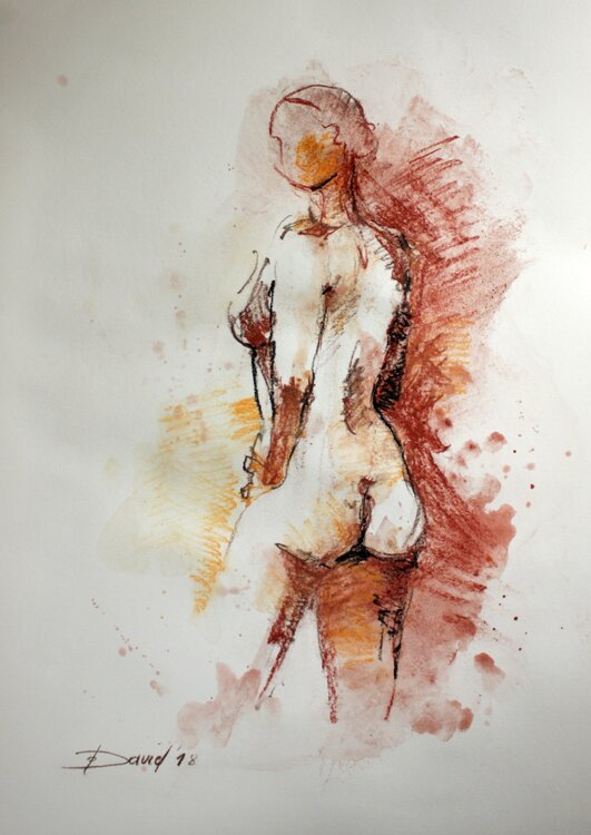 Aktstudie Frauenakt Aquarell-Zeichnung auf Papier Olga David