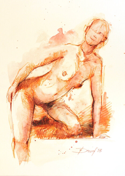 Aktstudie Frauenakt Aquarell-Zeichnung auf Papier Olga David