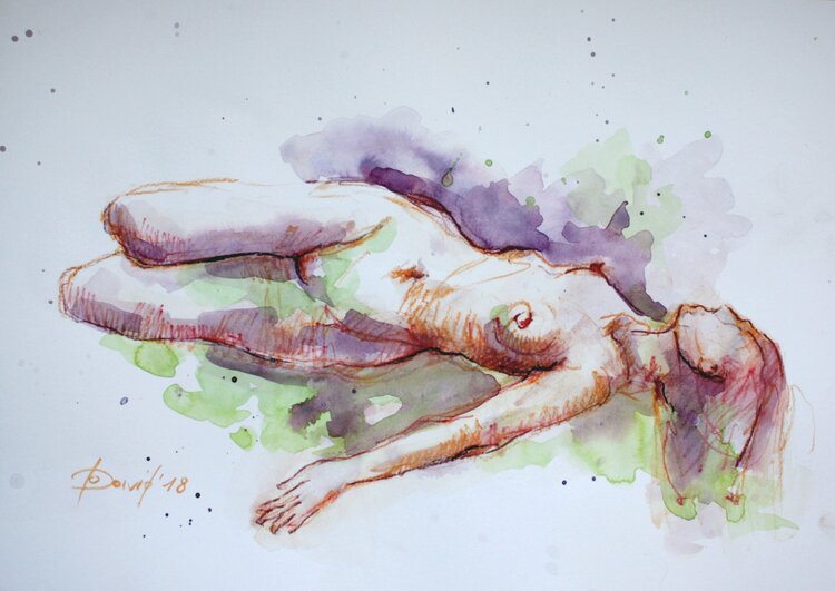 Aktstudie Frauenakt liegende Frau Aquarell-Zeichnung auf Papier Olga David