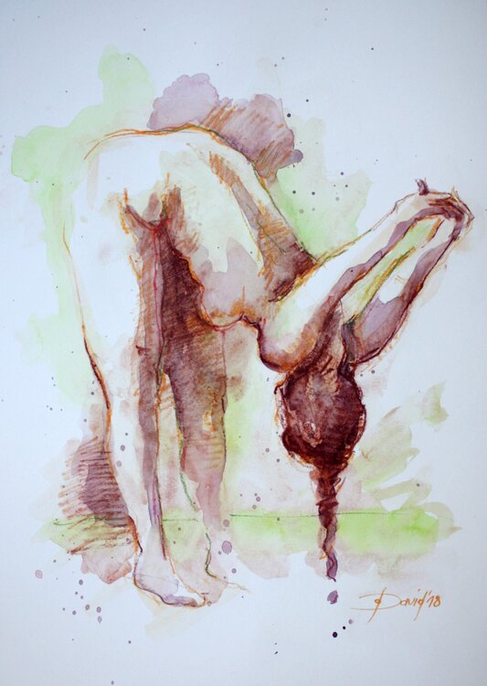 Aktstudie Frauenakt beim Sport Aquarell-Zeichnung auf Papier Olga David