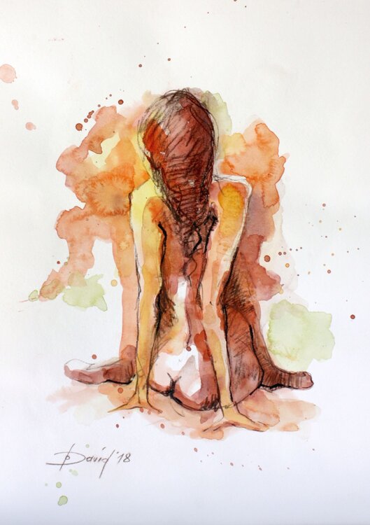Aktstudie Frauenakt Aquarell-Zeichnung auf Papier Rückenakt Olga David