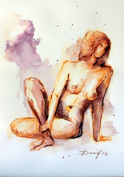 Aktstudie Frauenakt Aquarell-Zeichnung auf Papier Olga David
