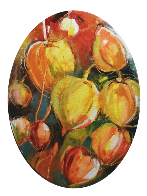 Lampionblumen Physalis Original Öl-Bild Oval Olga David