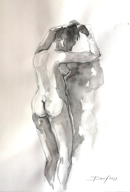 Aktstudie Frauenakt Rückenakt Aquarell-Zeichnung auf Papier Olga David