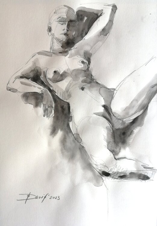 Aktstudie Frauenakt Aquarell-Zeichnung auf Papier Olga David