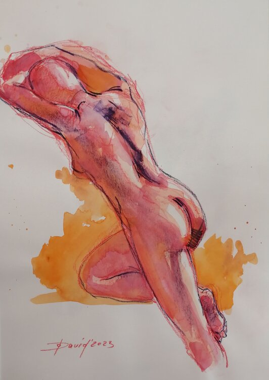 Der Teufel trägt nichts. Aktstudie Frauenakt Aquarell-Zeichnung auf Papier Olga David