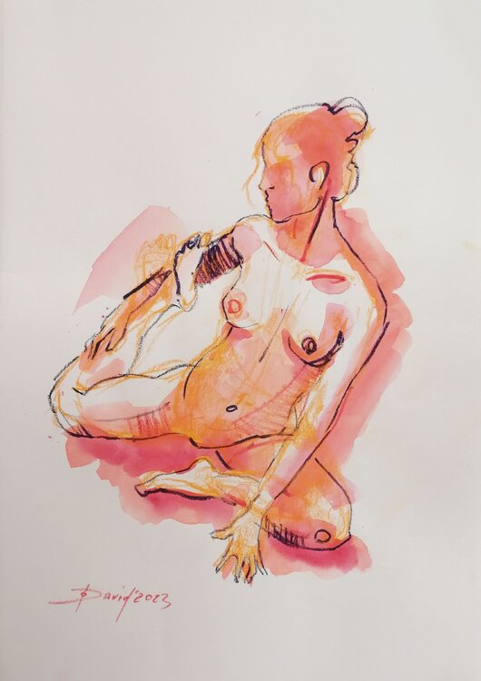 Aktstudie junge Frau Frauenakt ungewöhnliche interessante Pose Aquarell-Zeichnung auf Papier Olga David