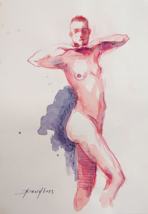 Frau Aktstudie Frauenakt Aquarell-Zeichnung auf Papier Olga David