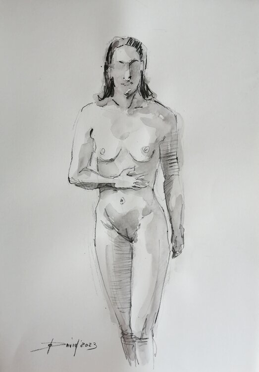 Aktstudie Frauenakt Aquarell-Zeichnung auf Papier Olga David