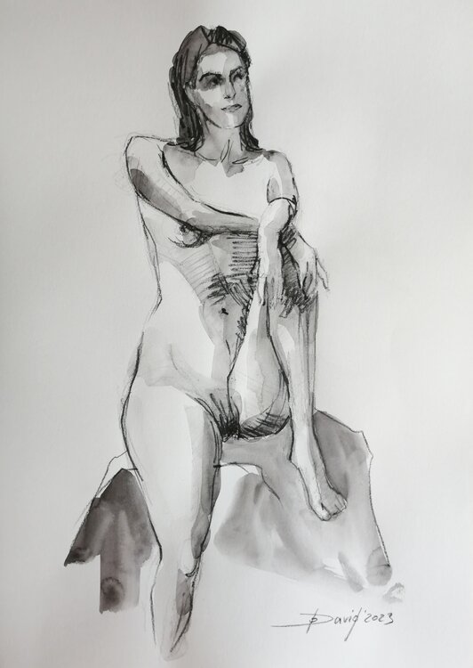 Aktstudie Frauenakt Aquarell-Zeichnung auf Papier Olga David