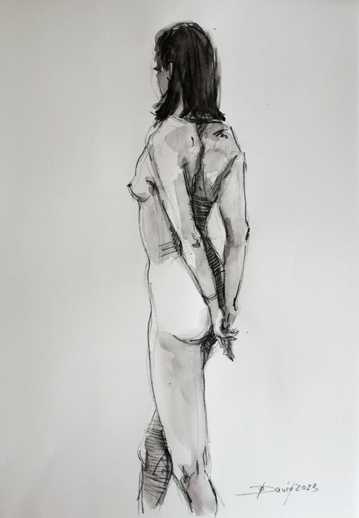 Aktstudie Frauenakt Aquarell-Zeichnung auf Papier Rückenakt Olga David