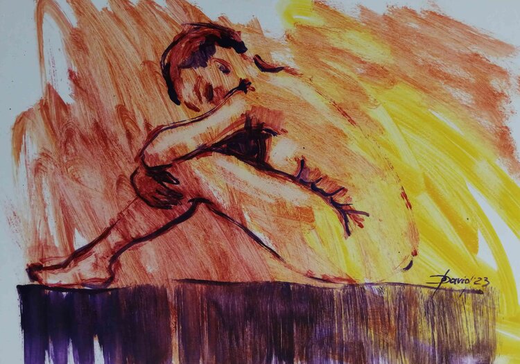 Rosa weiblicher Akt sitzend Aktbild Moderne Original Ölbild auf Papier Olga David