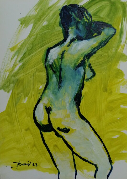 Grüner Rückenakt Aktbild Moderne Original Ölbild auf Papier Olga David