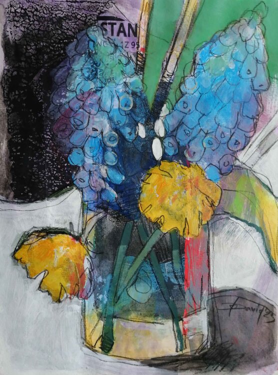 Original Zeichnung Stillleben Trauben Hyazinthen Wandbild Mischtechnik auf Papier Olga David