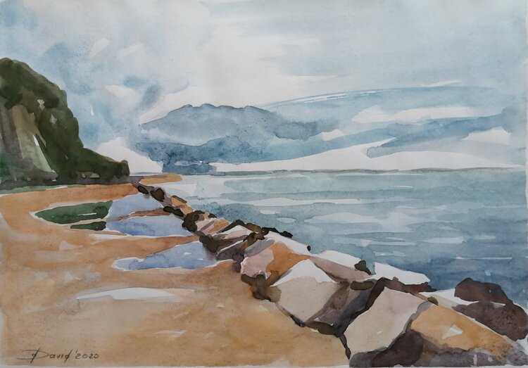 Ostsee-Landschaft Insel Rügen, Kleinformat Mischtechnik auf Papier Olga David