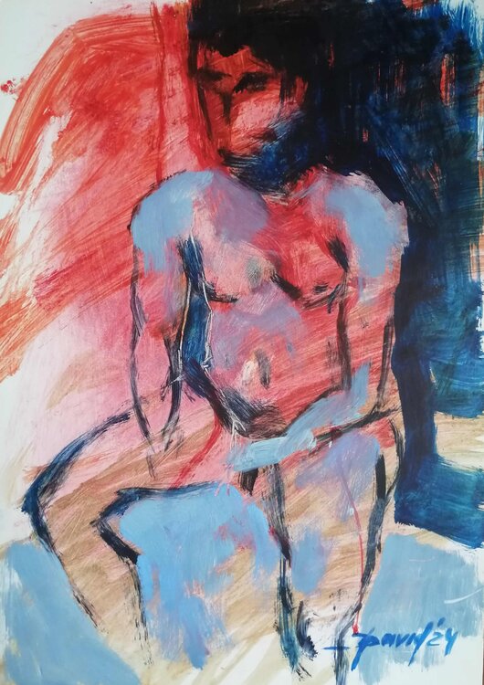 Blauer Männer-Akt Rückenakt Moderne Original Ölbild auf Papier Olga David