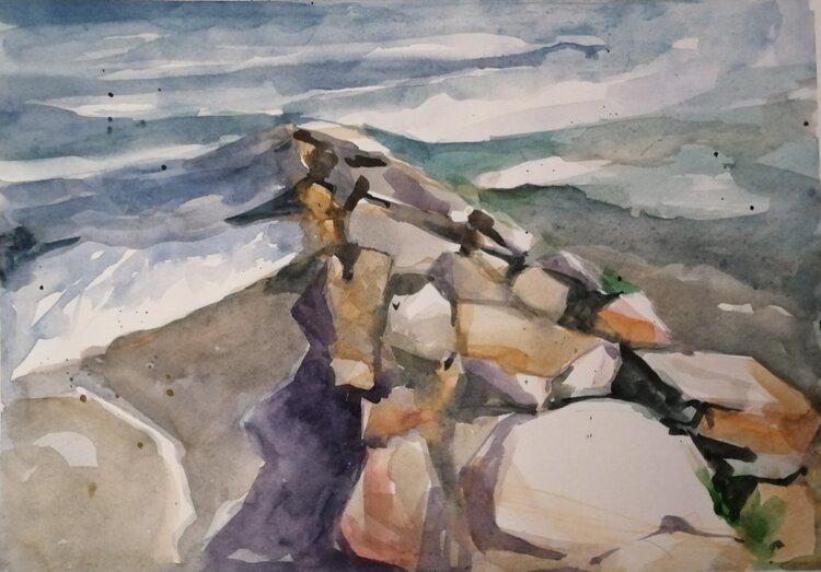 Ostsee-Landschaft Insel Rügen, Kleinformat Mischtechnik auf Papier Olga David