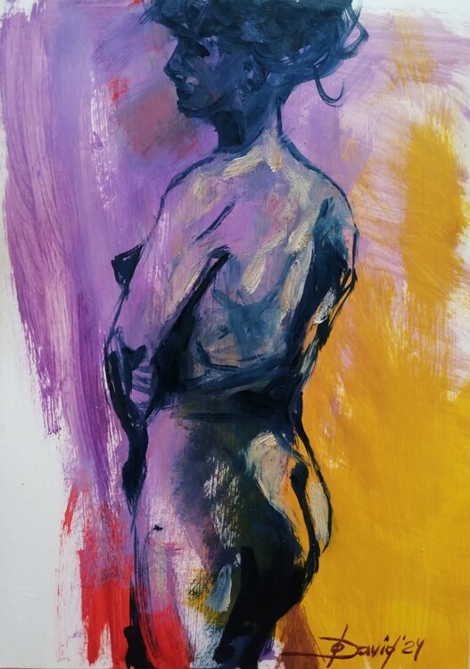 Rücken-Akt stehend Aktbild Moderne Original Ölbild auf Papier Olga David