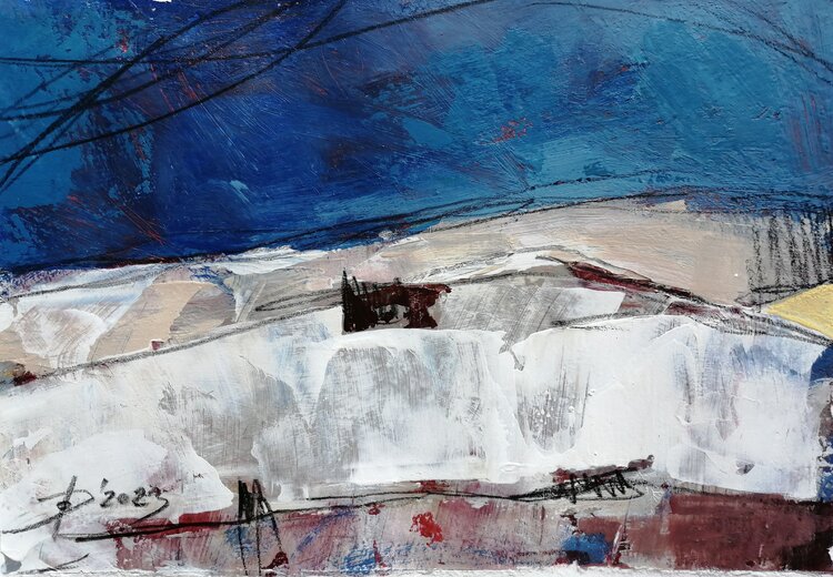 Expressive abstrakte Winter-Landschaft Kleinformat Mischtechnik auf Papier Olga David