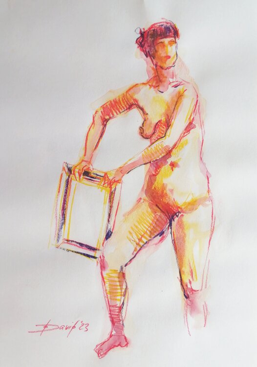 Aktstudie stehender Frauenakt Aquarell-Zeichnung auf Papier Olga David