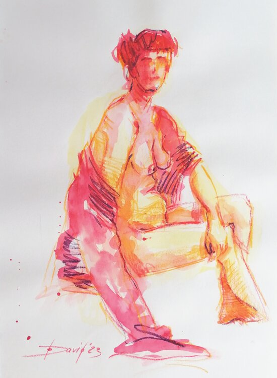 Aktstudie Frauenakt Aquarell-Zeichnung auf Papier Olga David